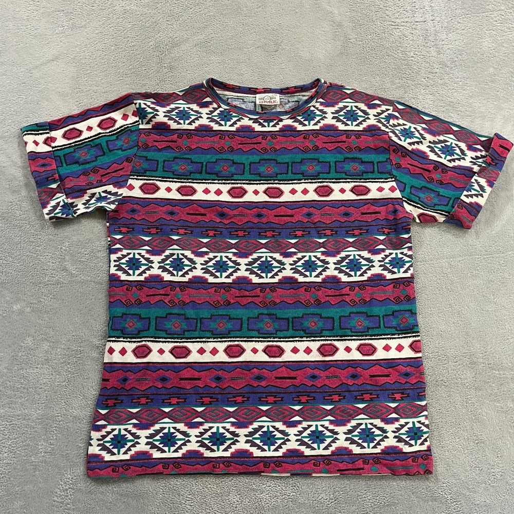 Vintage Denim‎ Republic T-Shirt Womens M Colorful Tribal Aztec 1980s USA Made
